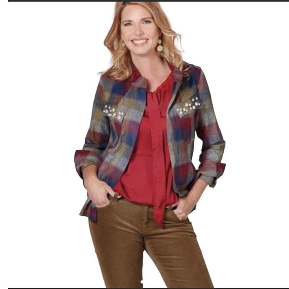 Cabi Collage Jacket Size Medium Burgundy Blue Plaid Pearled Office Fall 3555